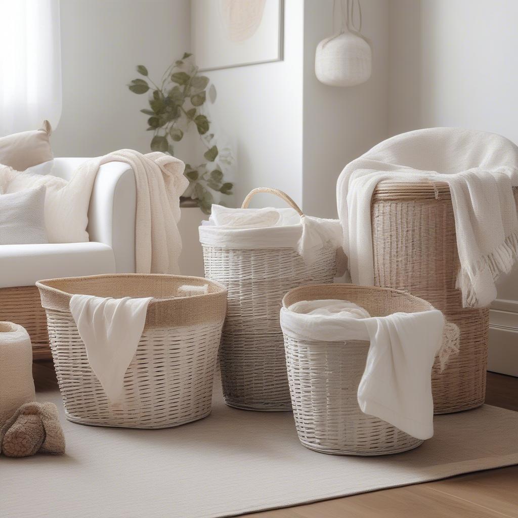 White wicker storage baskets with liners in a living room setting