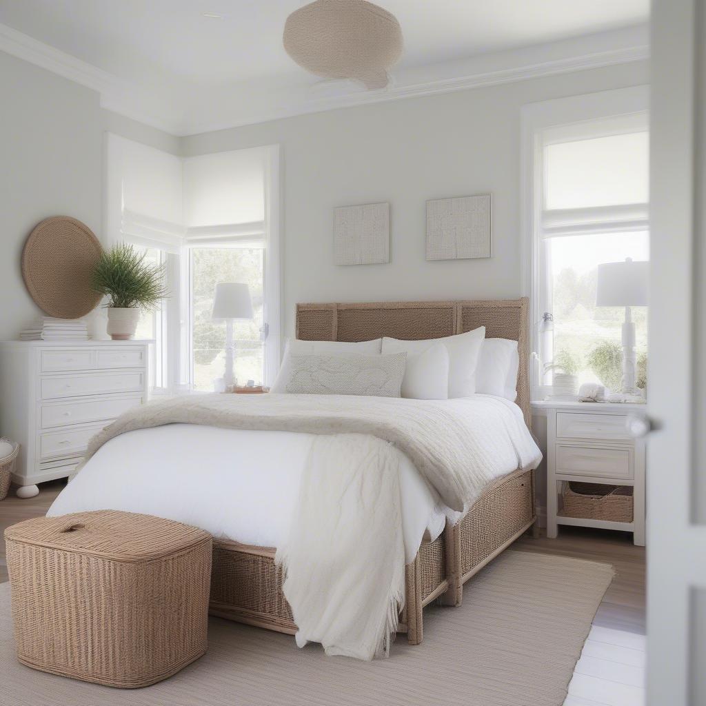 White wicker storage solutions in a bedroom