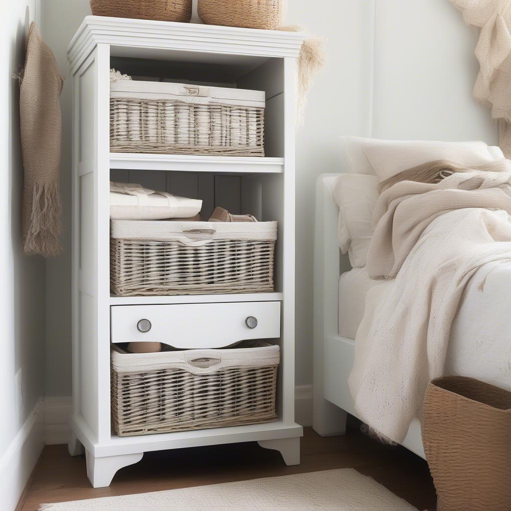 White wicker storage unit in a bedroom, showcasing organized clothing and accessories.