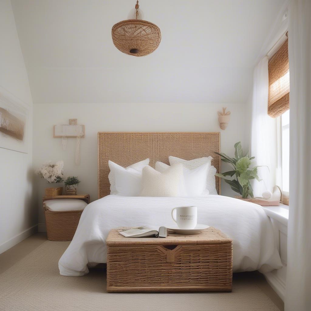 White wicker storage bench at the foot of a bed