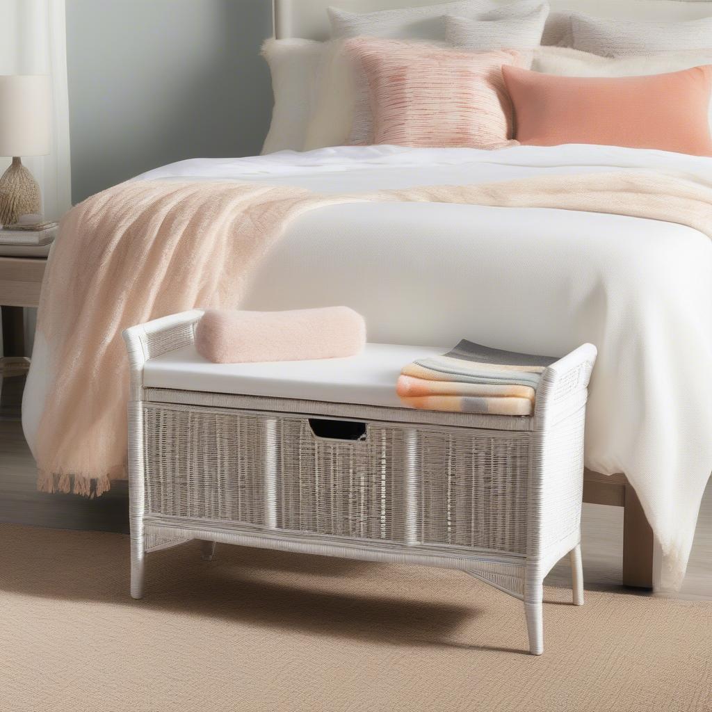 White Wicker Storage Bench in Bedroom Decor