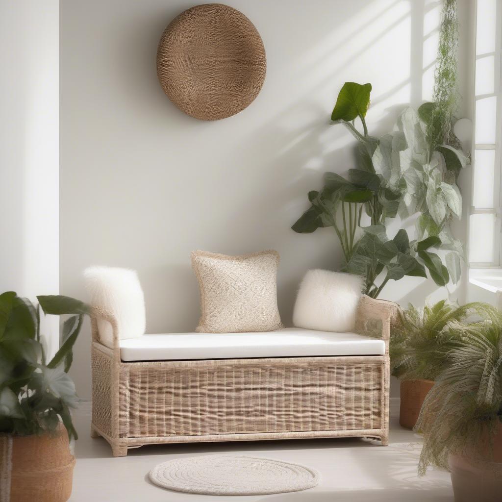 White wicker storage bench with cushion in a living room setting