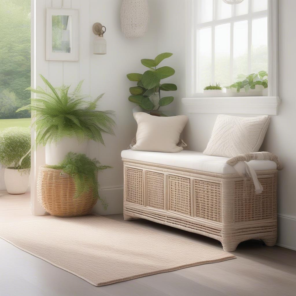 White wicker storage bench in a home entryway.