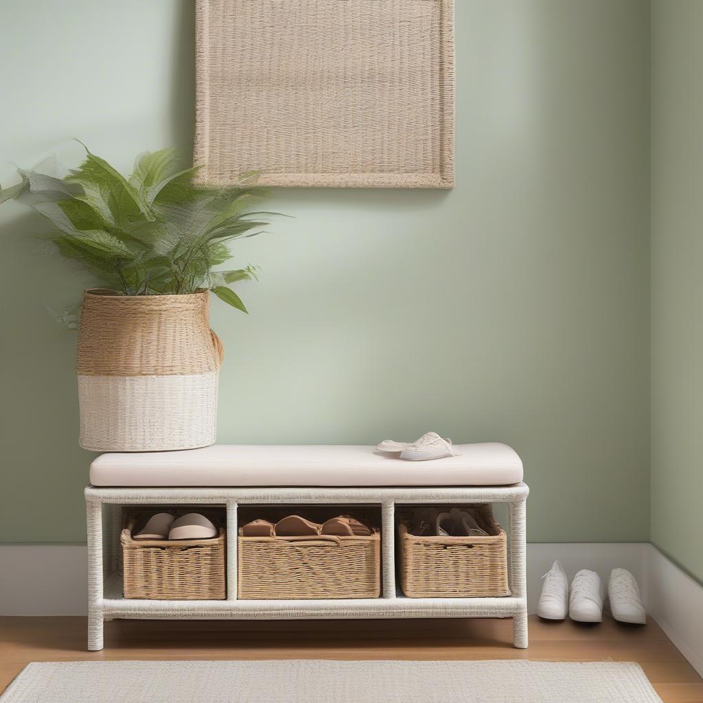 White wicker storage bench in an entryway