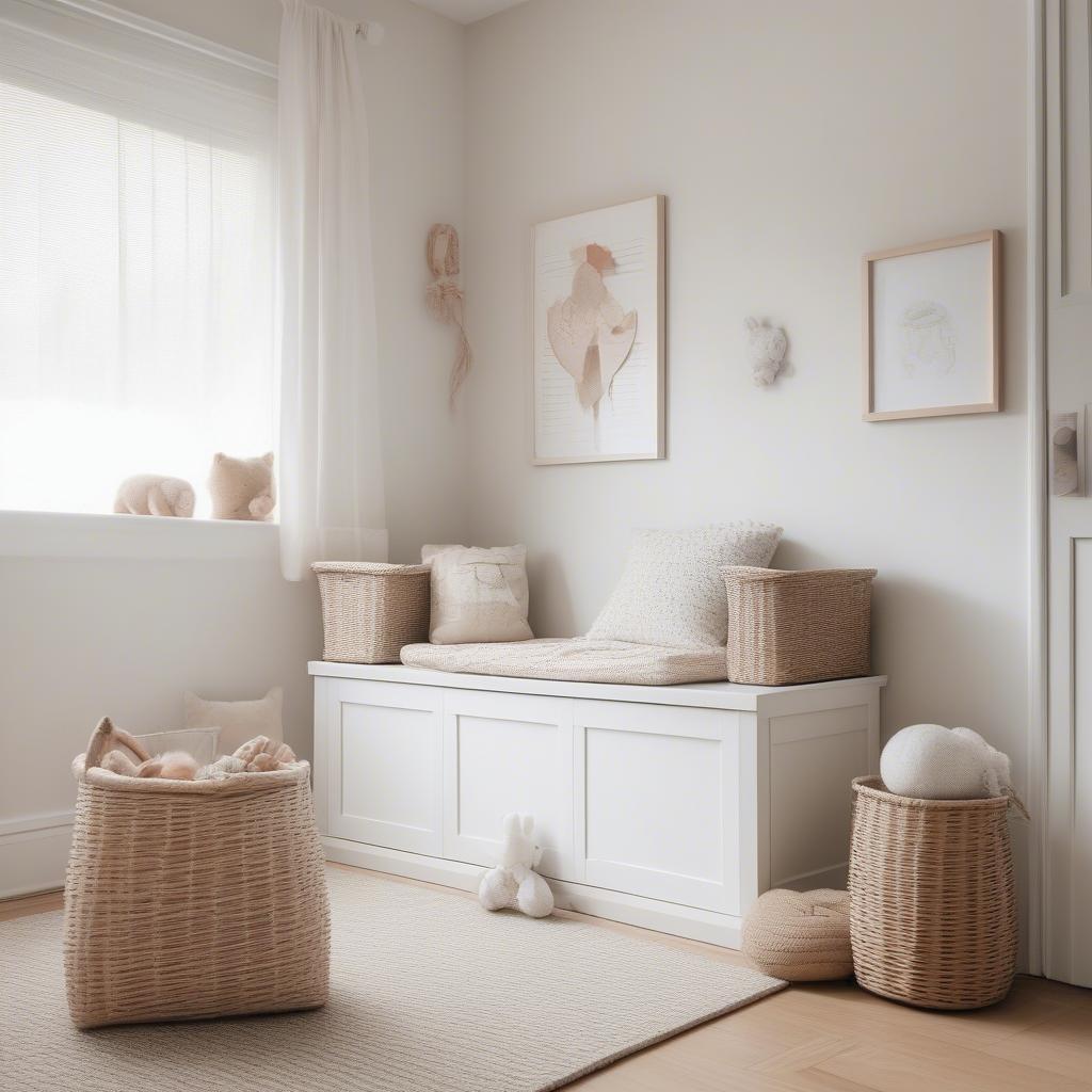 White wicker storage bench in a minimalist kids room