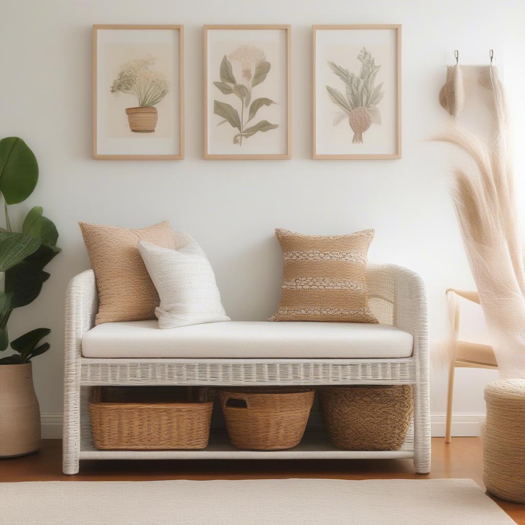 White wicker storage bench in a living room setting