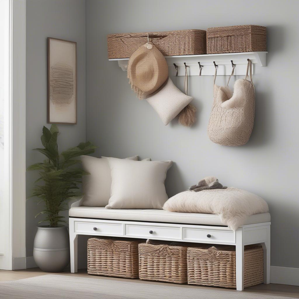 White Wicker Storage Bench in Living Room