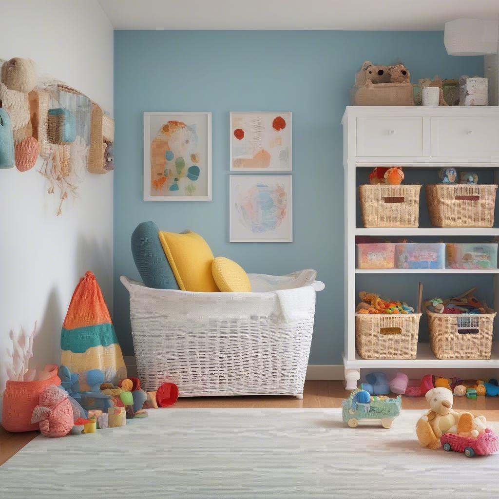 White wicker storage bins in a kids' room