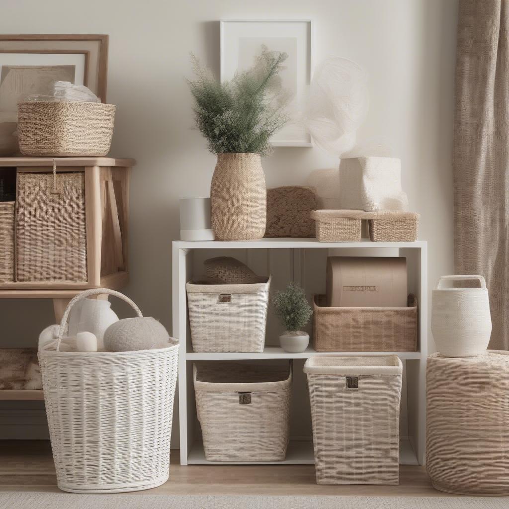 White wicker storage bins in a living room setting