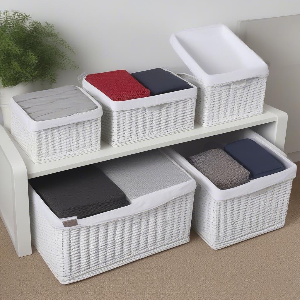 White wicker storage bins with lids and liners