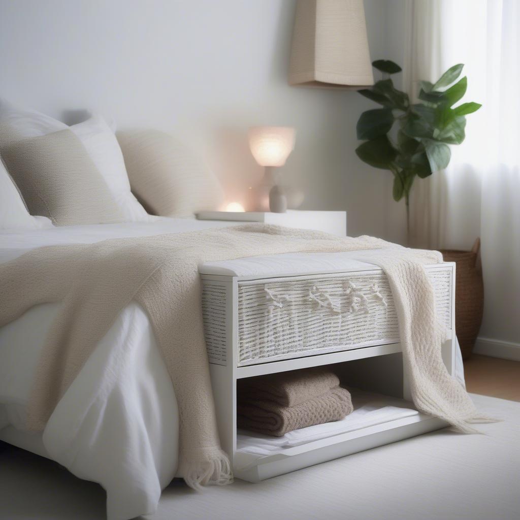 White wicker storage box with lid in a bedroom setting