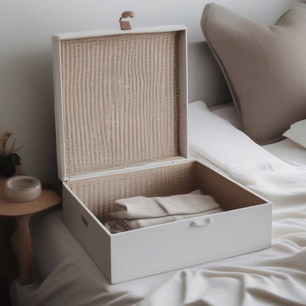 White wicker storage box in a bedroom