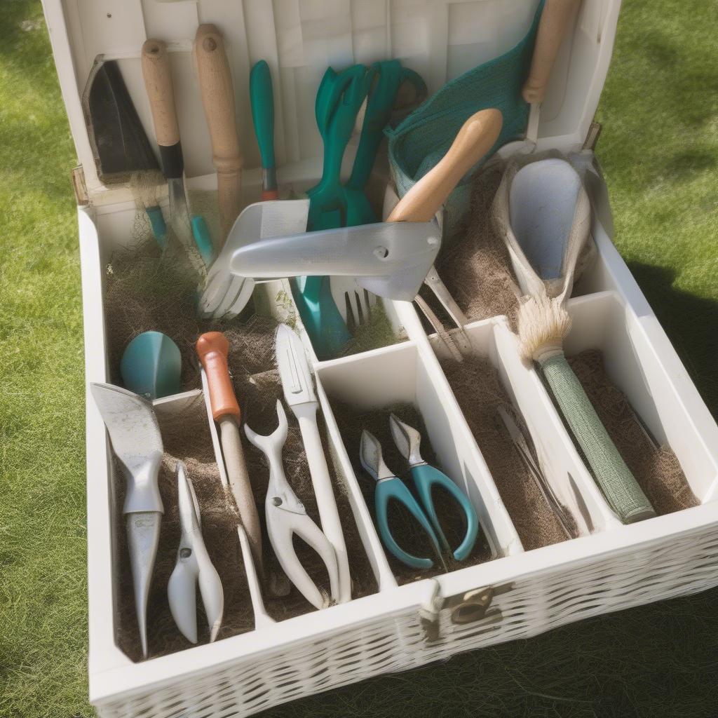 White wicker storage box filled with garden tools