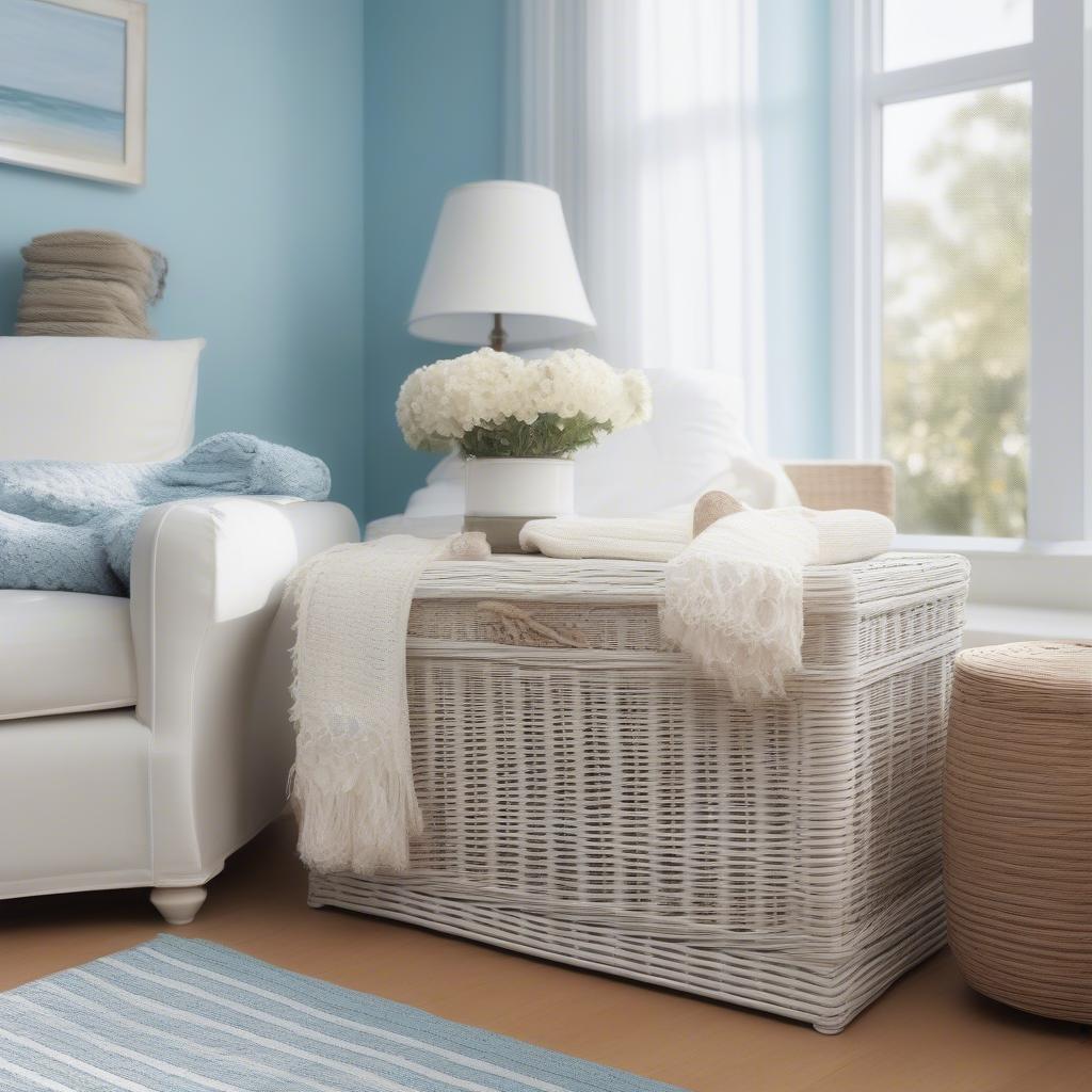 White wicker storage box in a living room setting