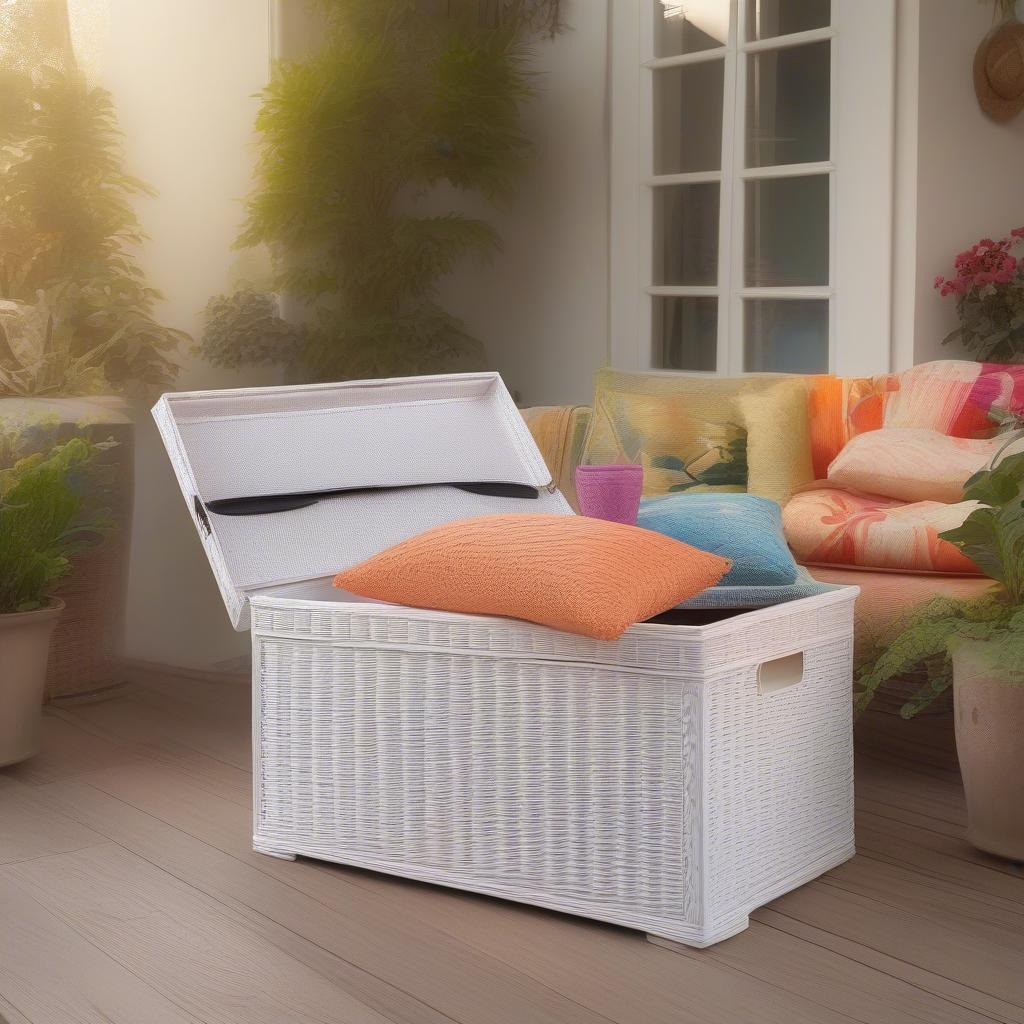 White wicker storage box on a patio with cushions and plants