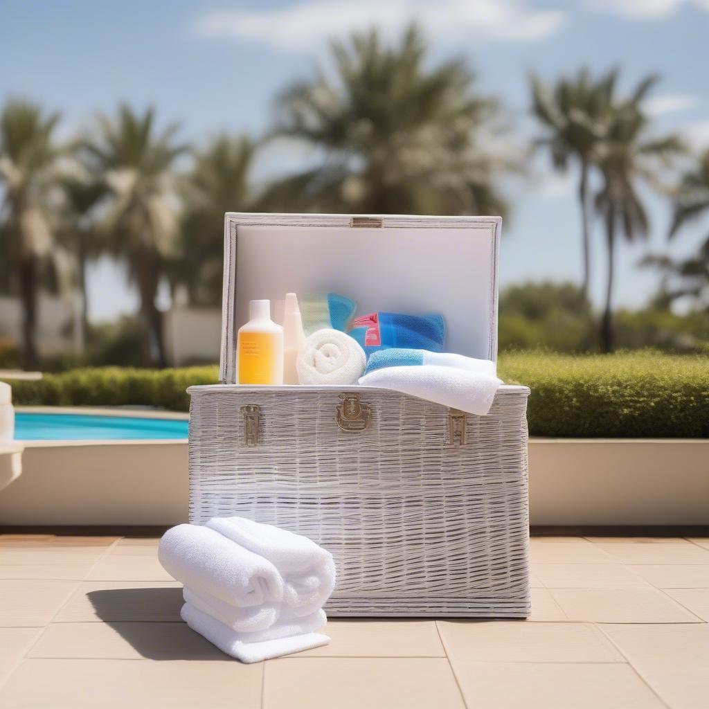 White wicker storage box by the pool