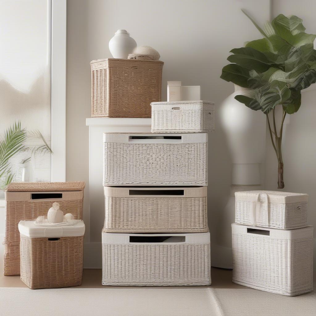 White wicker storage boxes with lids in a living room setting