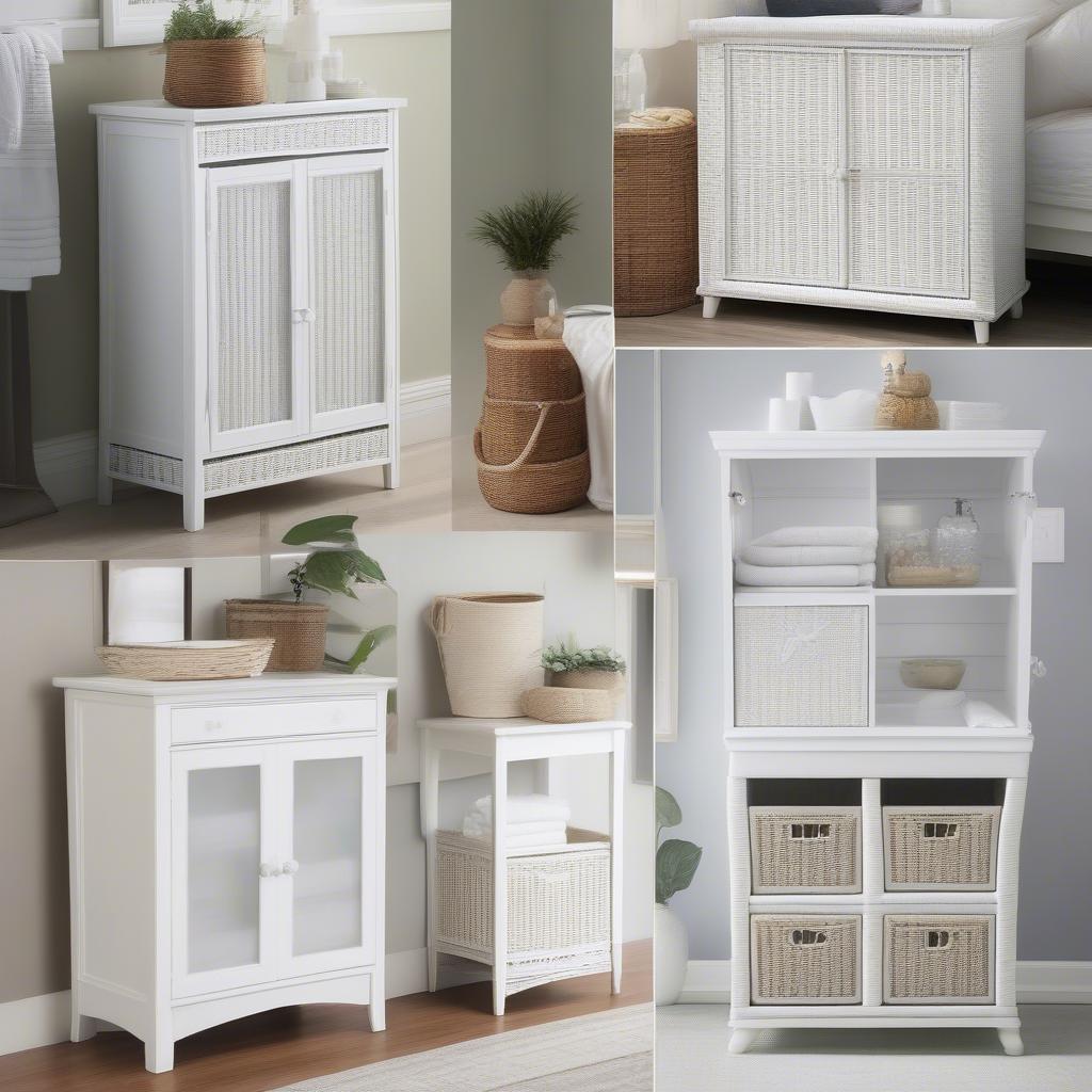 White Wicker Storage Cabinets in Different Rooms