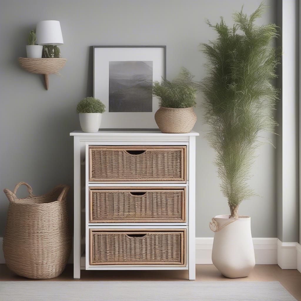 White wicker storage cabinet with 3 drawers in a living room setting