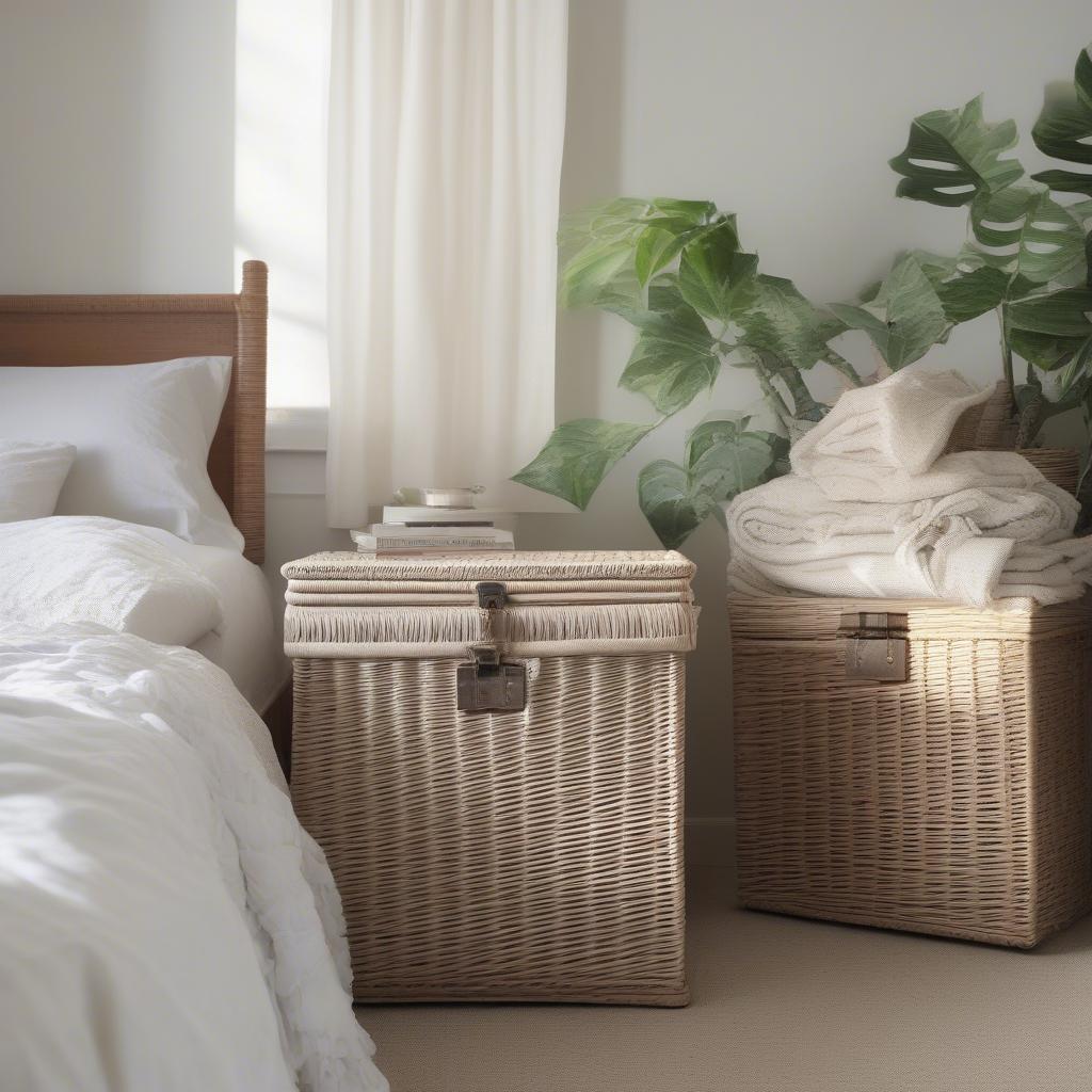 White wicker storage chest in a bright, airy bedroom setting