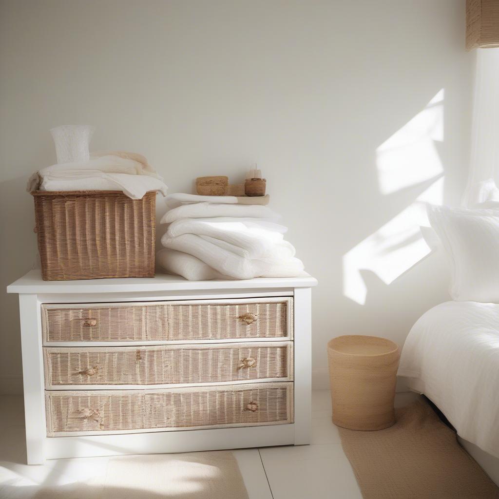 White Wicker Storage Chest of Drawers in a Bedroom