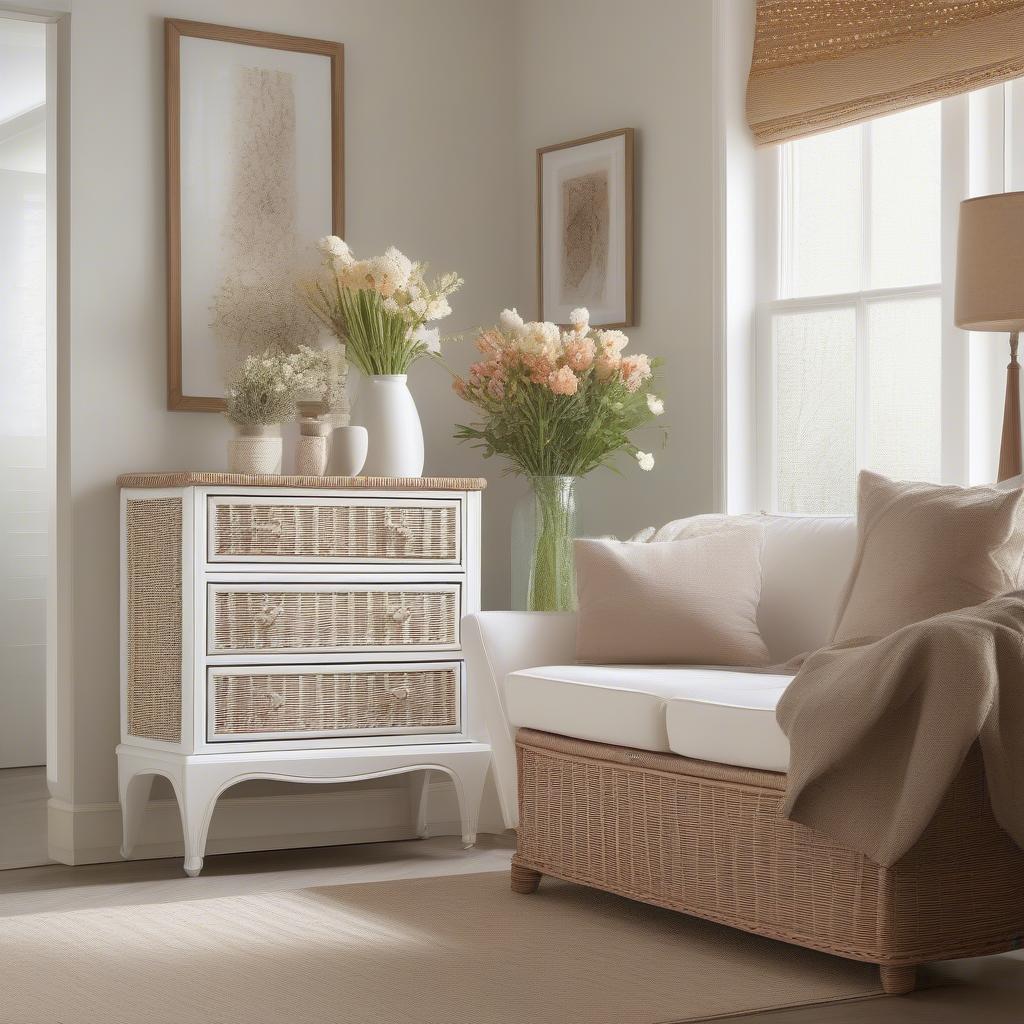 White Wicker Storage Chest of Drawers in a Living Room Setting