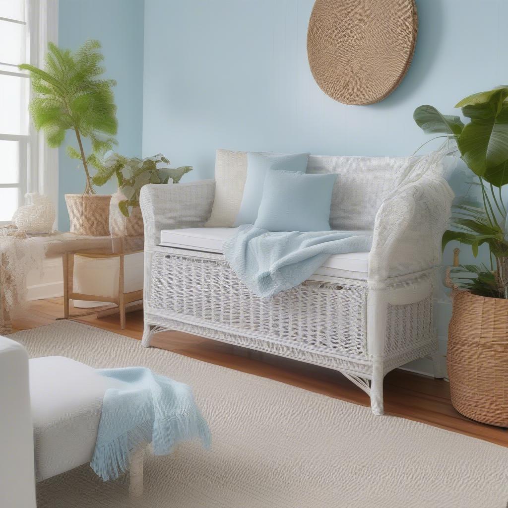 White wicker storage chest in a living room setting