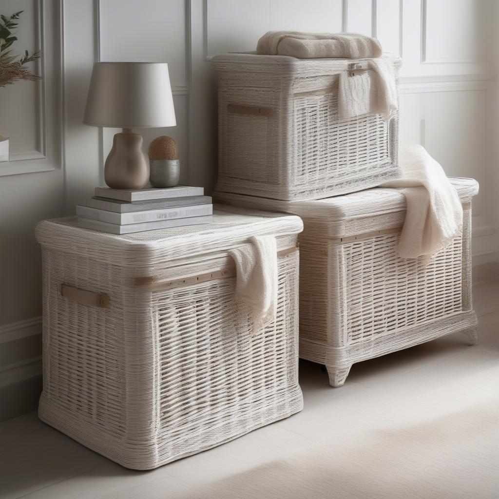 Comparing Sizes of White Wicker Storage Chests