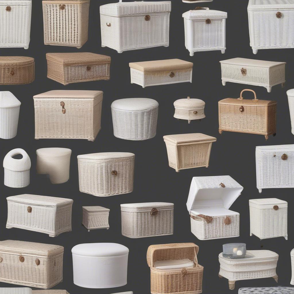 Various styles of white wicker storage chests with lids