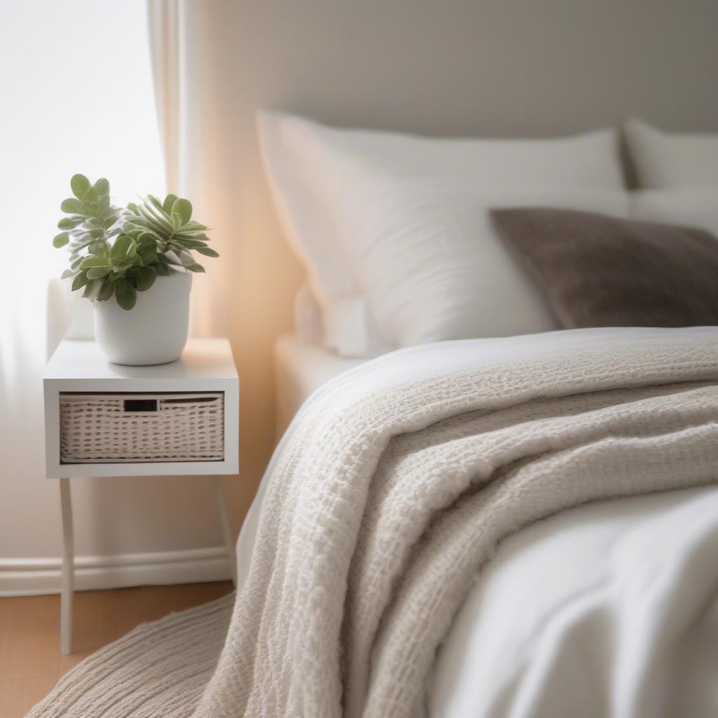 White wicker storage cube used as a nightstand in a bedroom.