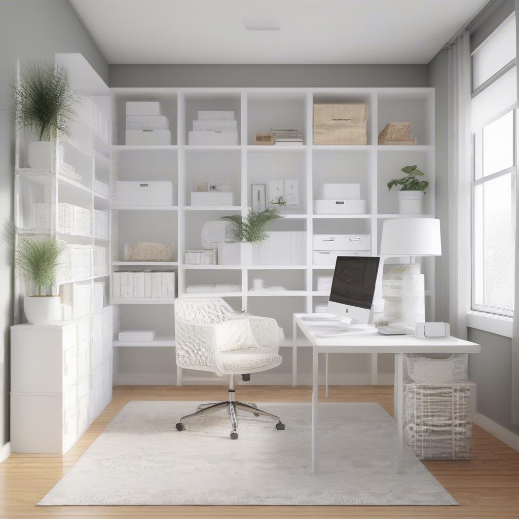 White wicker storage cubes used in a home office for organizing files and supplies