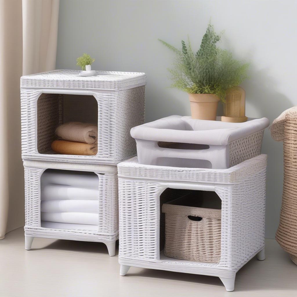 White wicker storage cubes used as a bookshelf and toy storage in a kid's room.