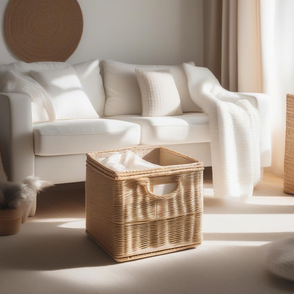 White wicker storage cubes in a living room setting