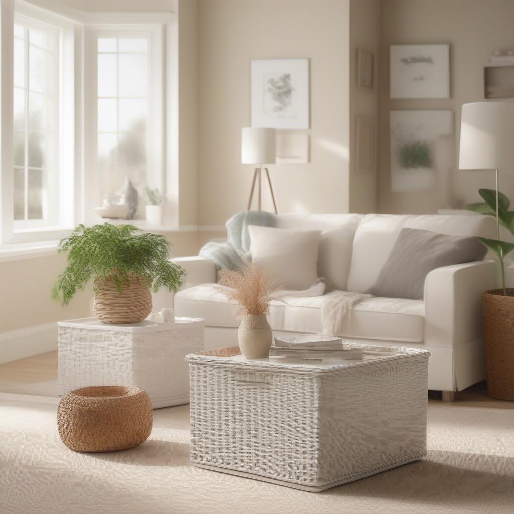 White wicker storage cubes used as a coffee table and side tables in a living room setting.