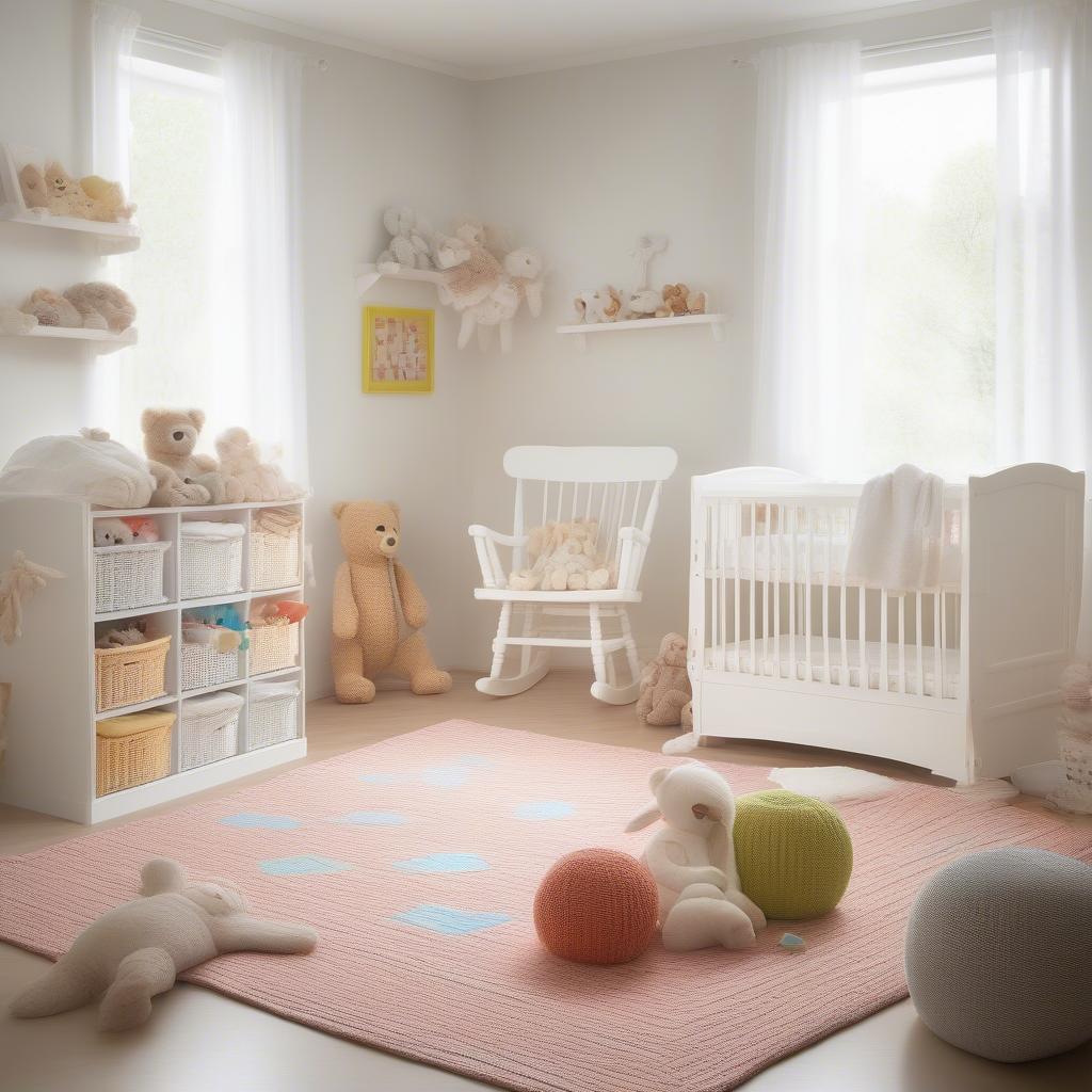 White wicker storage cubes used in a baby nursery for toy storage.