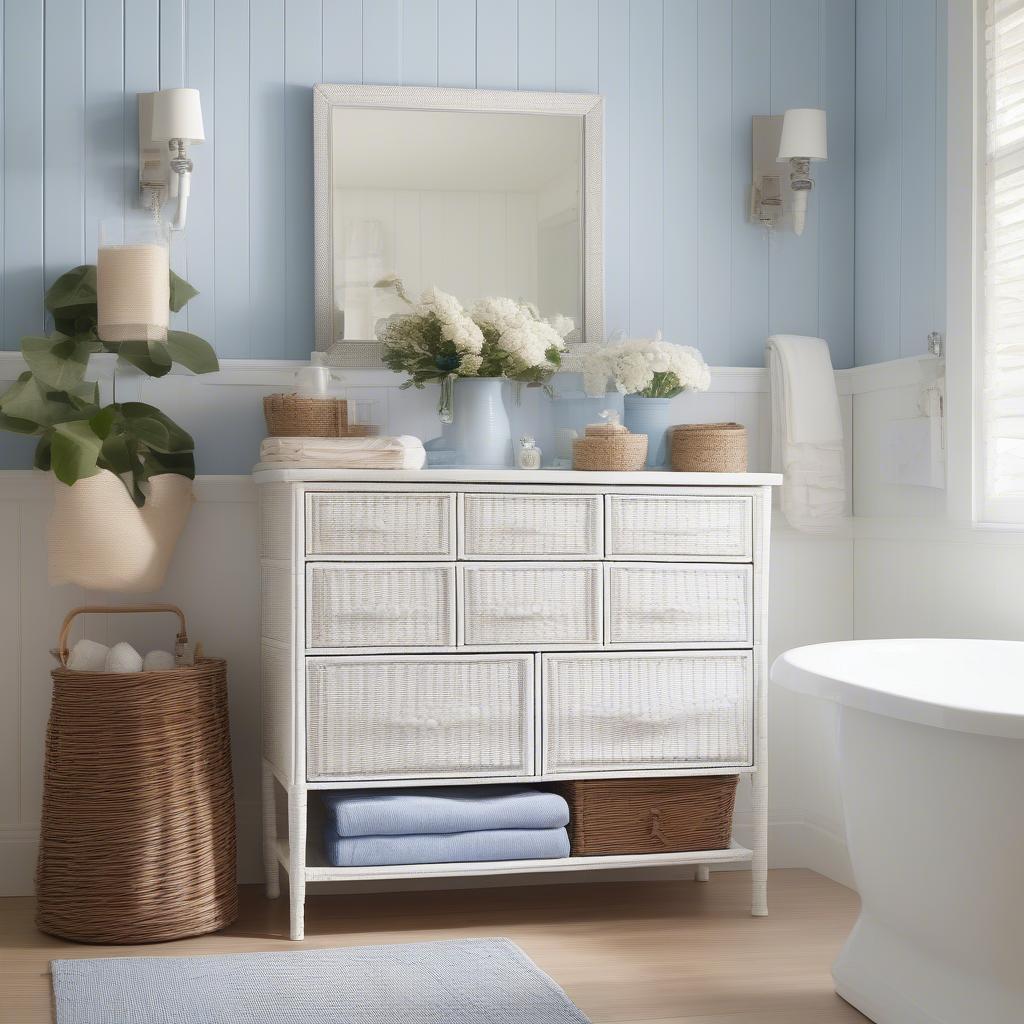 White wicker storage dresser in a coastal style bathroom