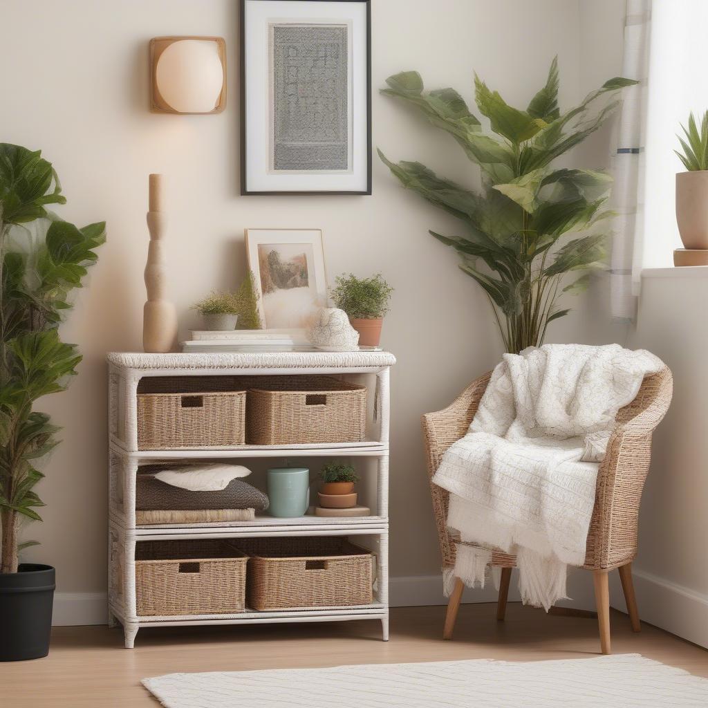 White Wicker Storage Unit in a Living Room