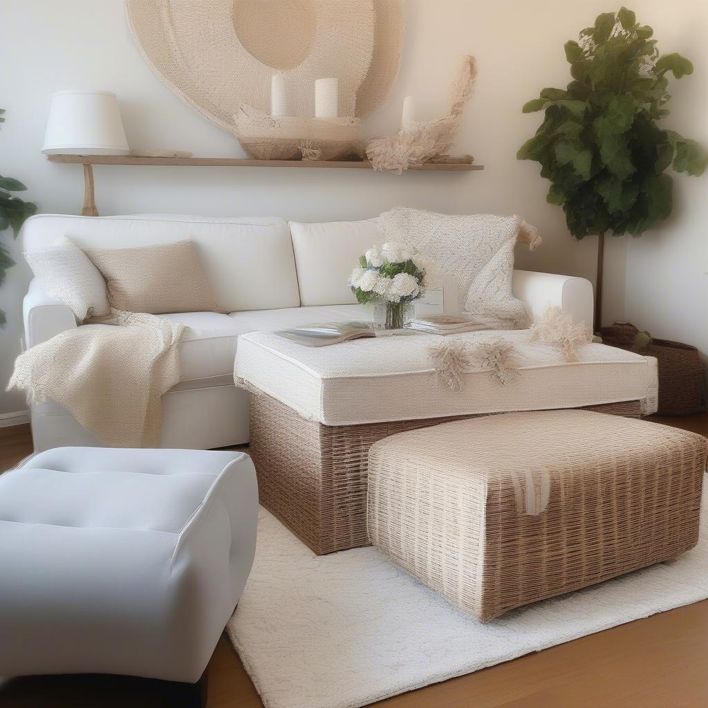 White wicker storage ottoman in a living room setting