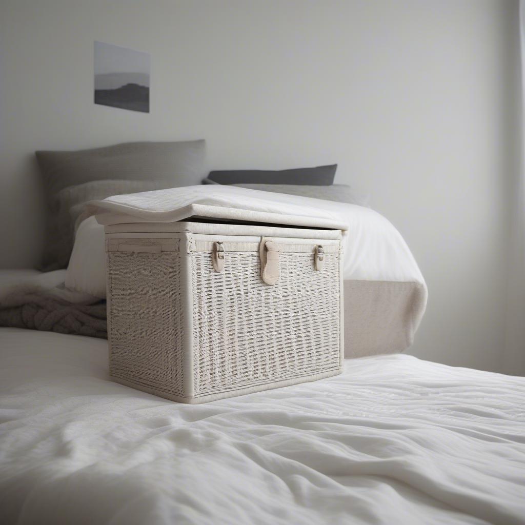 White wicker storage trunk in a bedroom