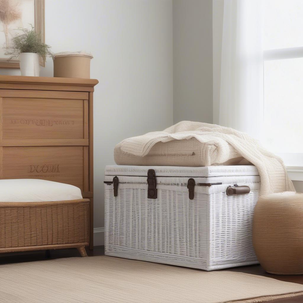 White wicker storage trunk in a living room setting