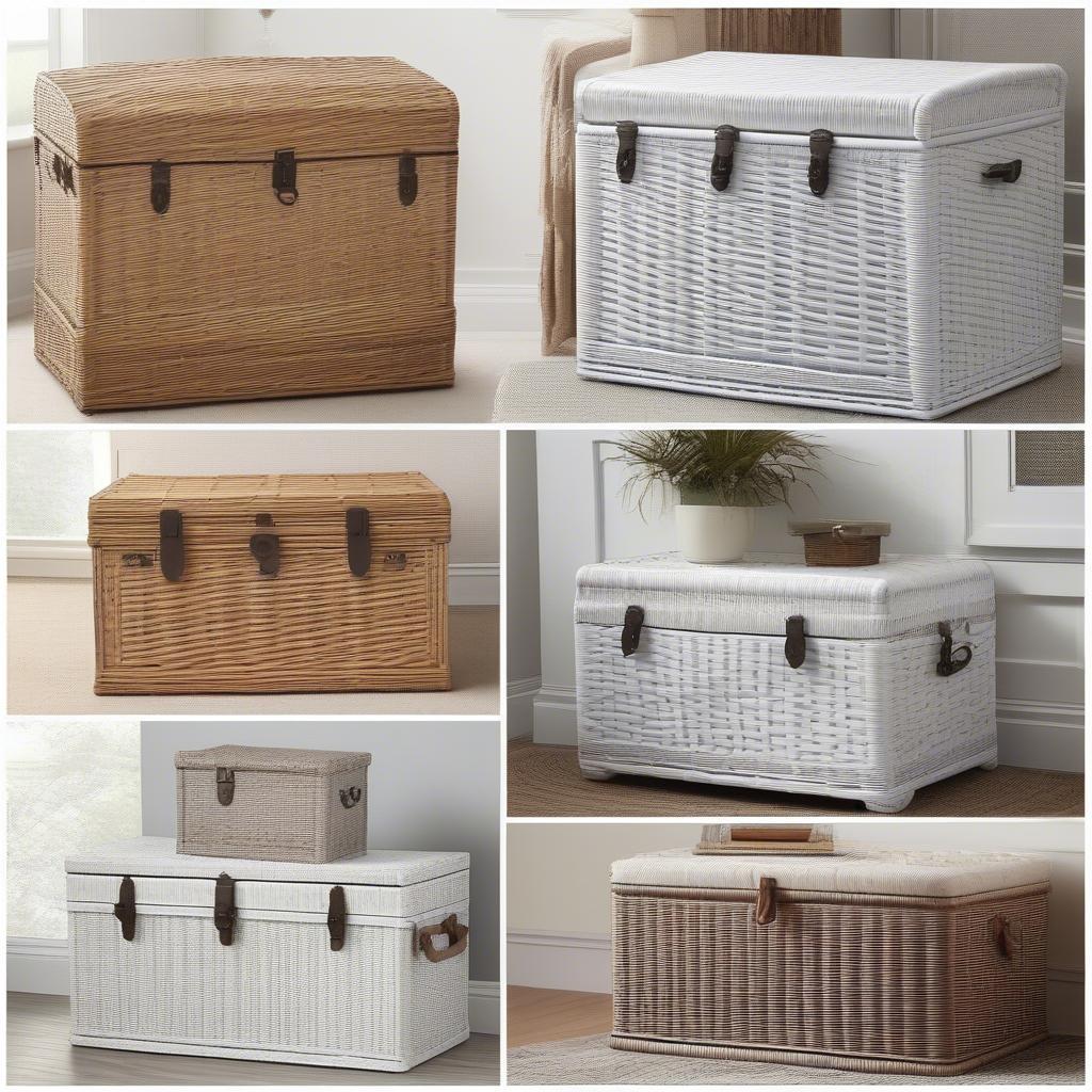 Variety of white wicker storage trunks