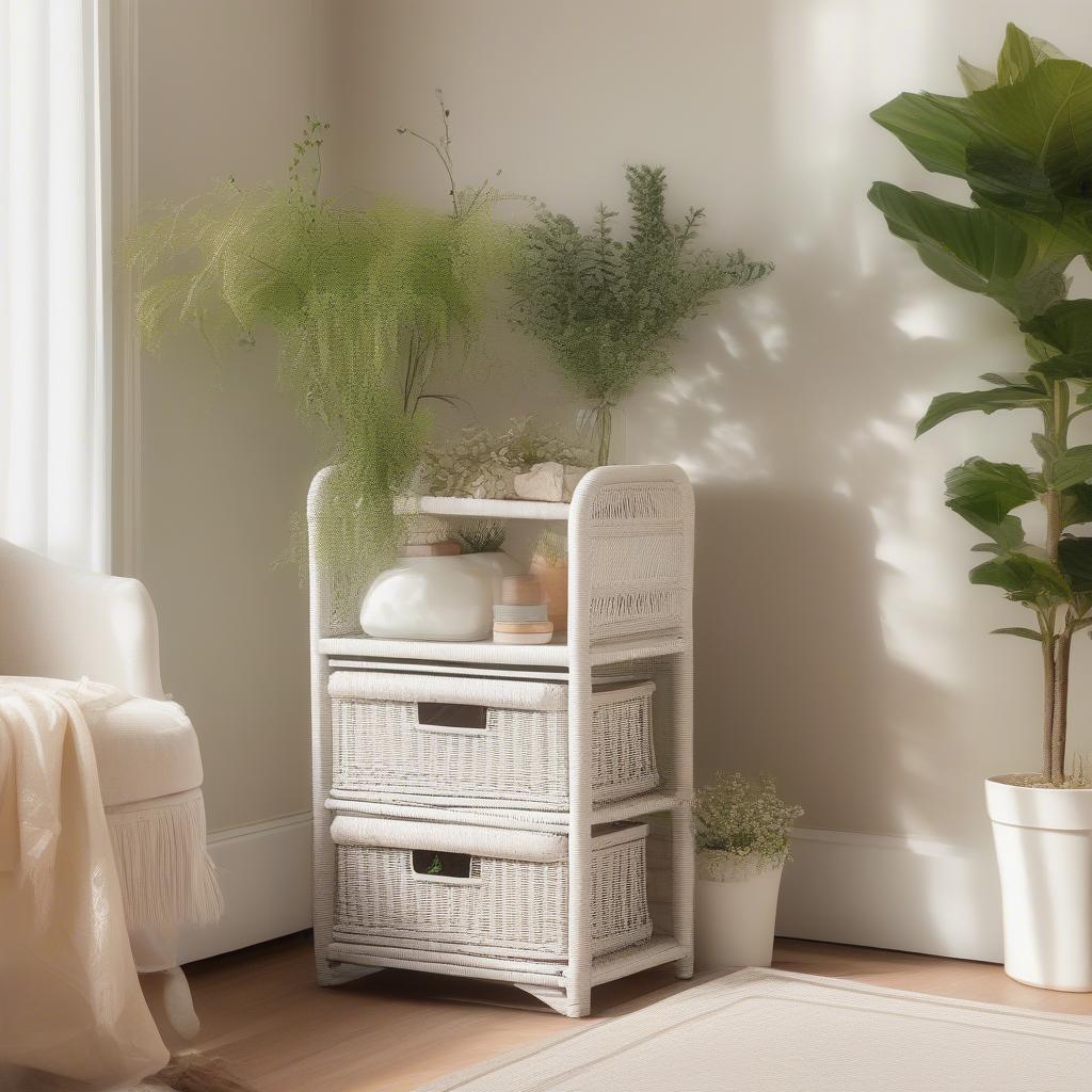 White wicker storage unit with 2 drawers in a living room setting