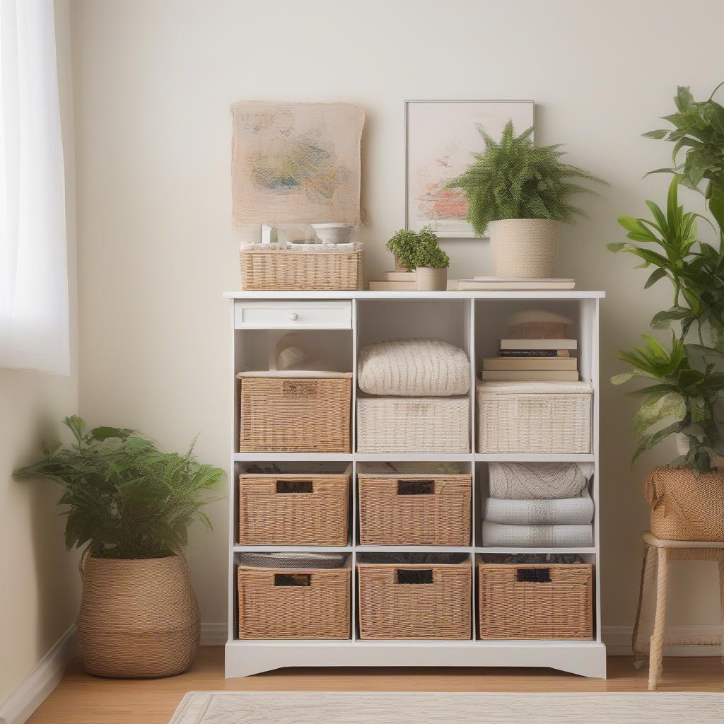 White wicker storage unit with 4 baskets and 2 drawers in a living room setting