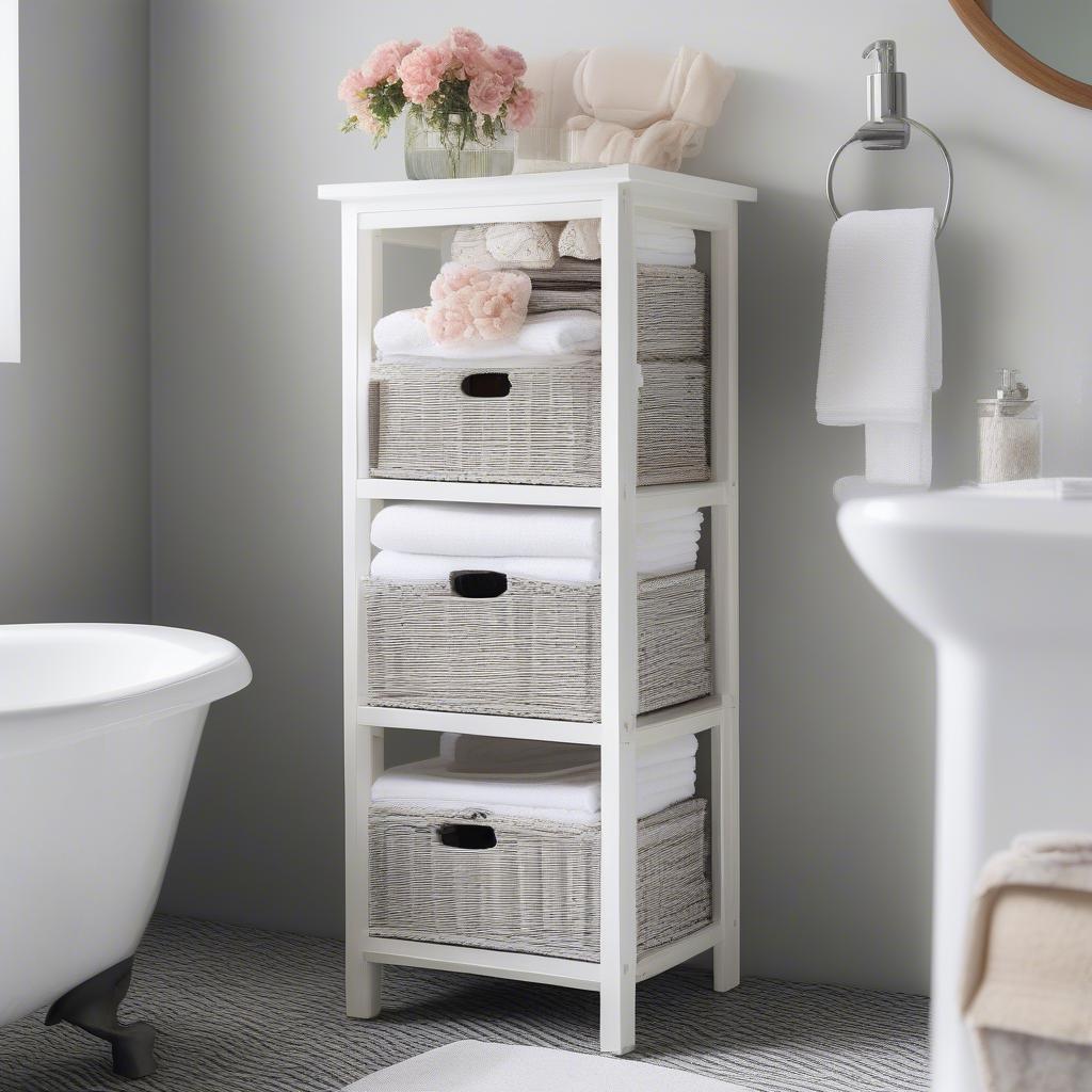 White Wicker Storage Unit in Bathroom Organization