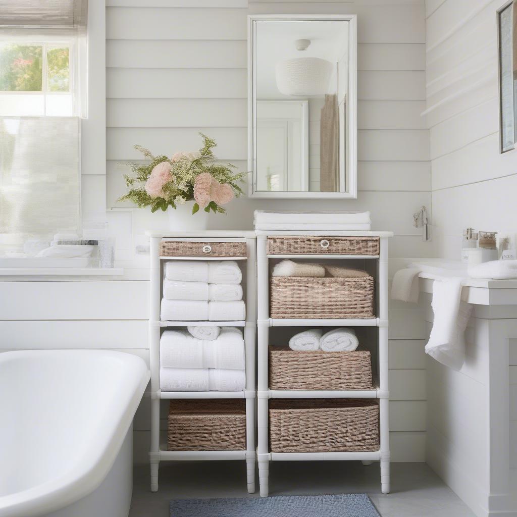 White wicker storage unit in a bathroom holding towels