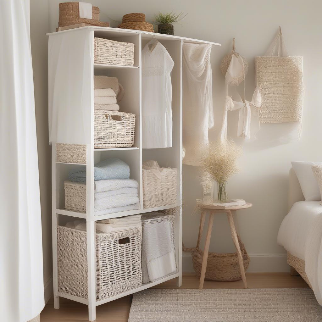 White wicker storage unit in a bedroom, showcasing its use for storing clothes and linens.