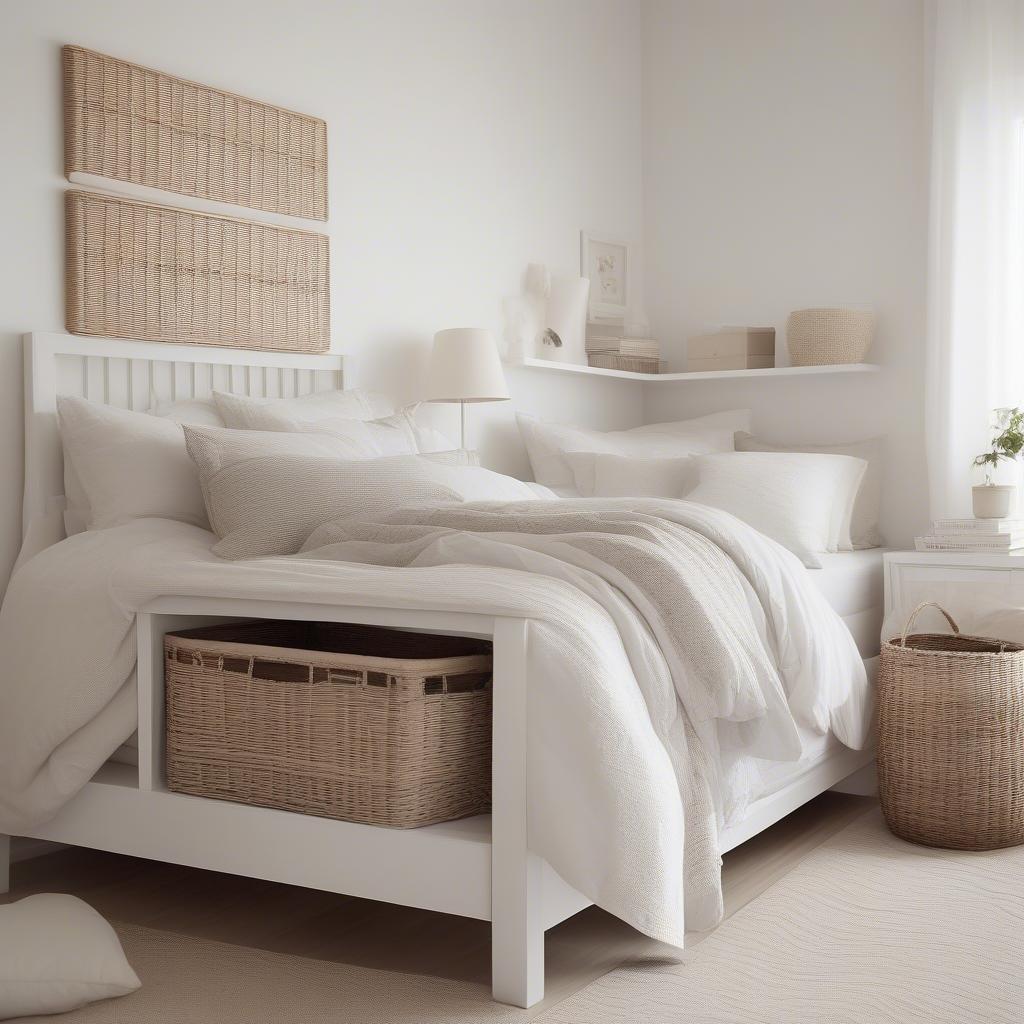 White Wicker Storage Unit in a Bedroom