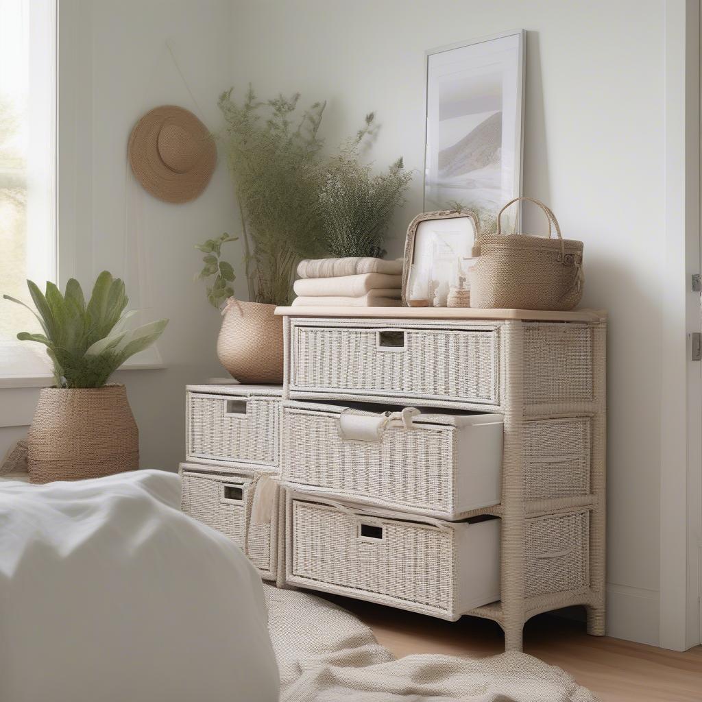 White wicker storage unit with drawers in a bedroom for organization