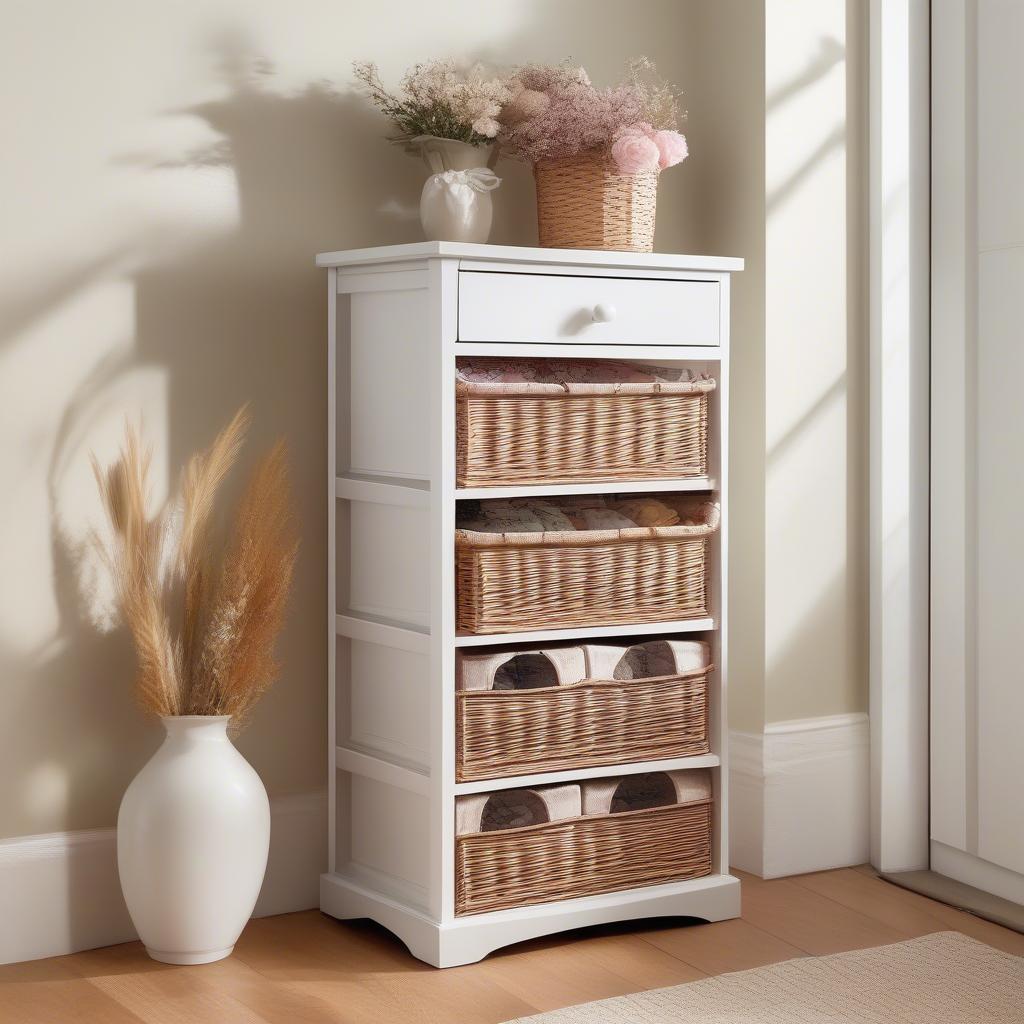 White Wicker Storage Unit in Hallway