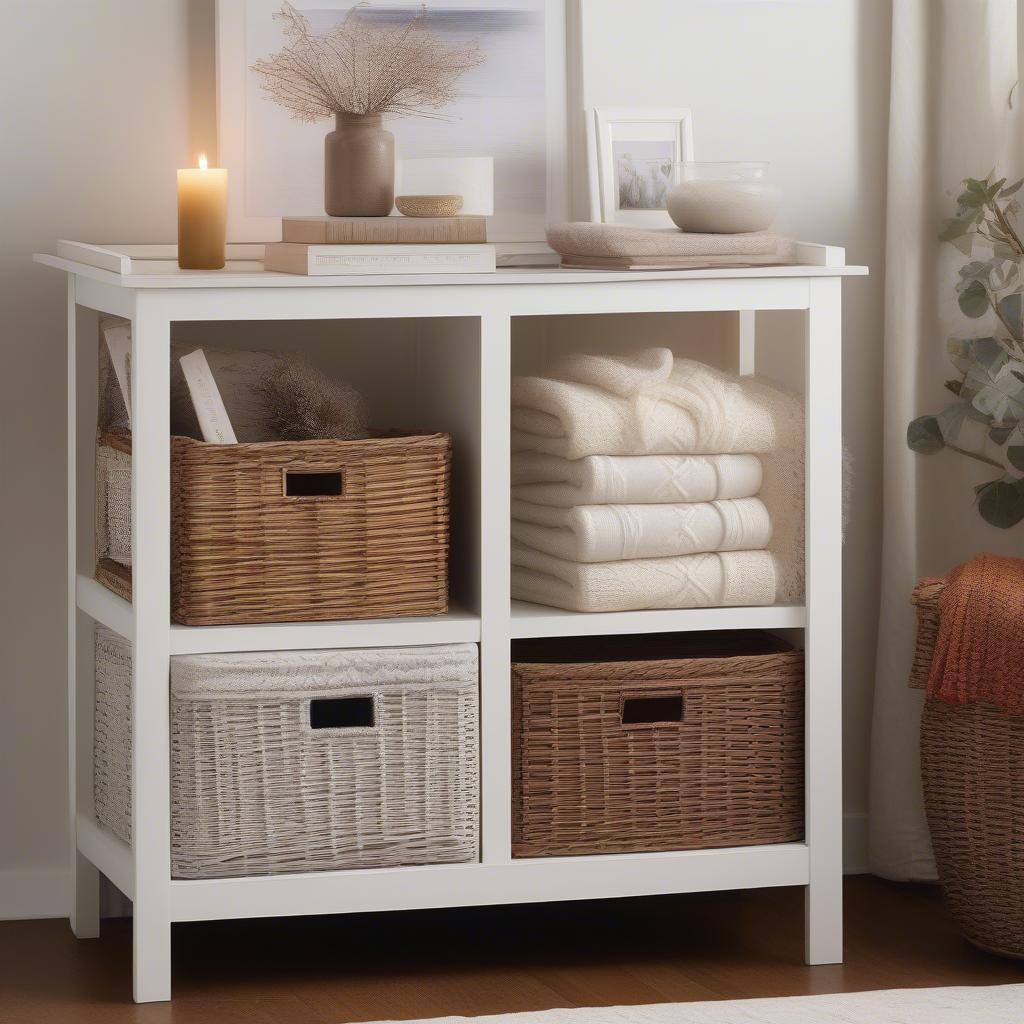 White Wicker Storage Unit in Living Room Decor